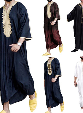 Middle Eastern  Robe Men's Arabic Ethnic Style Printed Long