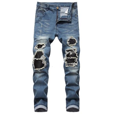 High Sreet Hole Heifeng Slim Fit Skinny Jeans Men's Leather