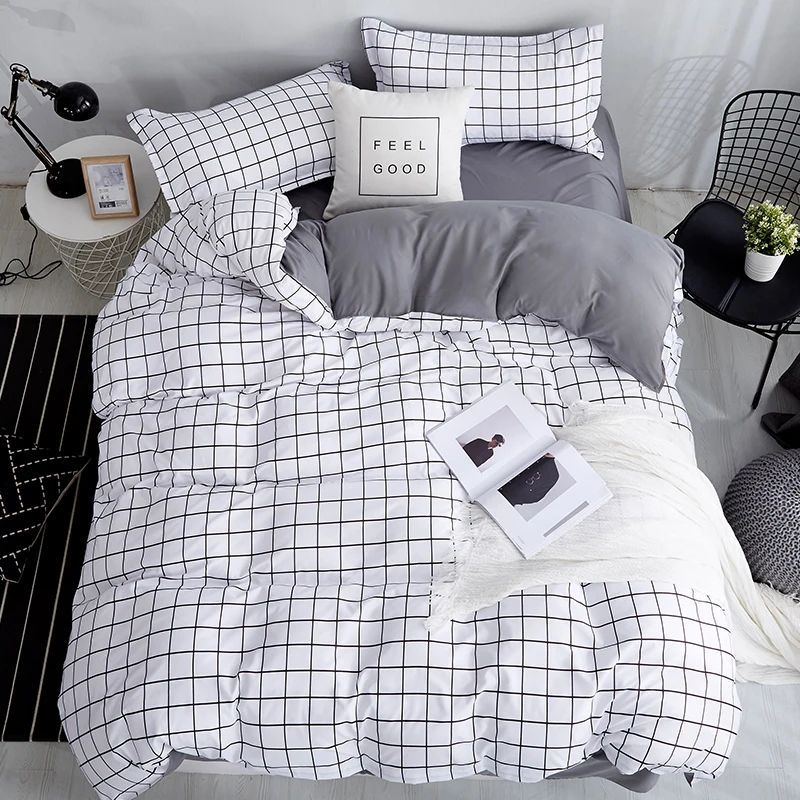 Bonenjoy Queen Size Bedding Set White Color Black Plaid Micr