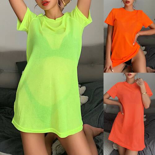 Women Short Sleeve Perspective T-Shirt Neon Green O Neck Vin