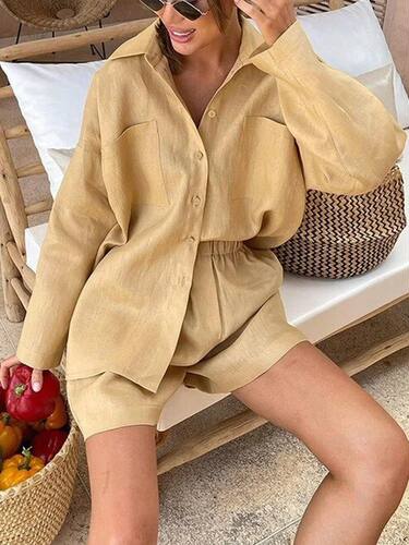 Black Women's Summer Suit Shirt and Shorts Loose Cotton Line