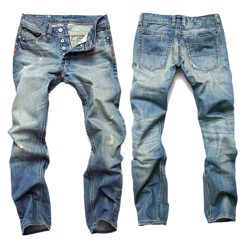 Men's Ripped Nostalgic Jeans Light Blue Straight Slim Button