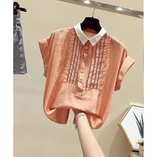 Summer Women Shirt Loose Casual Short Sleeve Peter Pan Colla