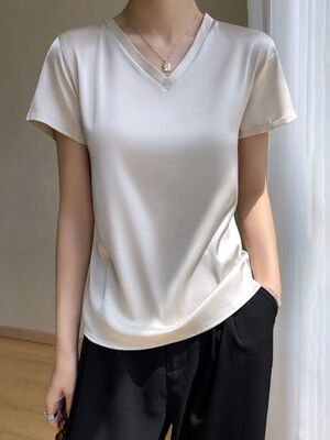 Summer Women's T-shirt Korean Fashion Satin V-neck Tees Shor