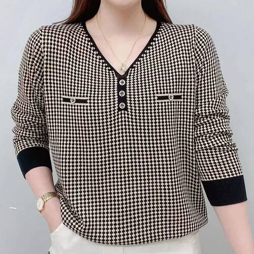 V-Neck Printed Casual Long Sleeve T-shirt Women's Clothing S