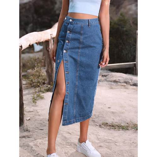 Women's Casual Button Irregular Slit Denim High Waist Denim