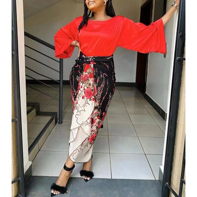 African Printed Two Piece Sets Skirt Womens O-neck Loose Fla