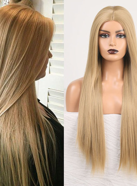 Female Natural Full Headband With Long Straight Hair Parted