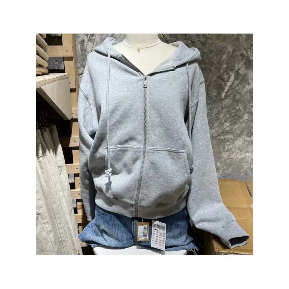 Casual Women Grey Zip-up Loose Sweatshirts 2024 Fall Vintage