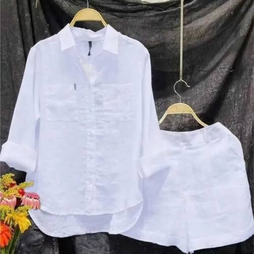Casual Cotton And Linen Women Shirt Short Two Piece Sets Sol