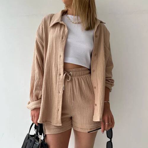 Women's new summer two-piece lapel pleated casual long-sleev