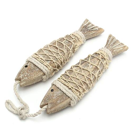 1 Pair Hand Carved Wooden Fish Hanging Marine Coastal  Wall