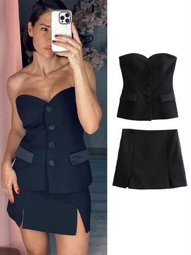 Elegant Single Breasted Top Skirt Suit Women 2024 Summer  Bl