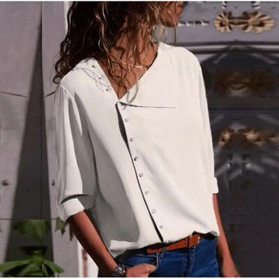 autumn Women Chiffon Blouse  casual oblique button Solid Sex