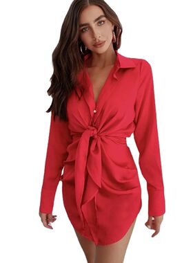 2024 Fall Retro Fashion Silk Shirt Dress V-Neck Long Sleeve