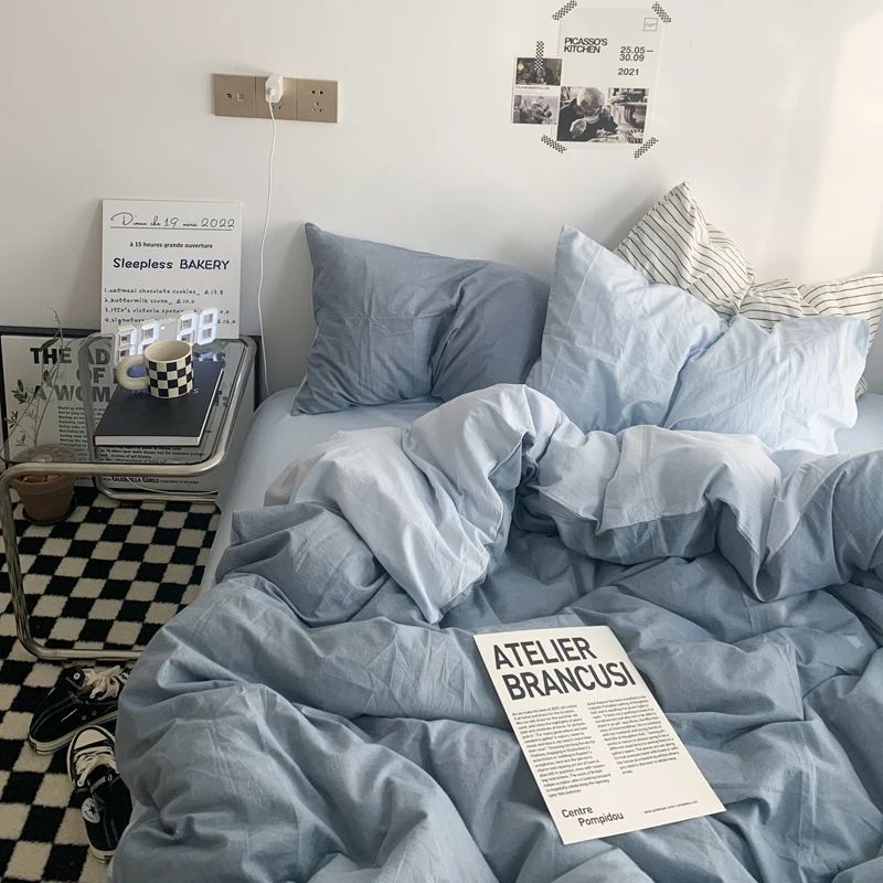 Simple Blue Solid Color Bedding Set Soft Sheet Duvet ver Pil