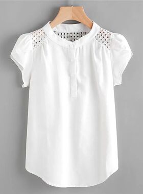 Women White Blouse O-Neck Hollow Out Shirt Short Butterfly S