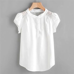 Women White Blouse O-Neck Hollow Out Shirt Short Butterfly S