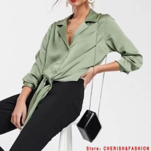 Brand Blusas Mujer De Mod ops Long Sleeve Lapel Green Blouse