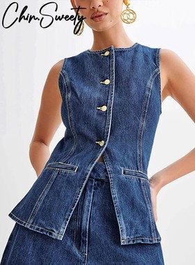 Casual Denim Shorts Sets for Women Sleeveless Single Breaste