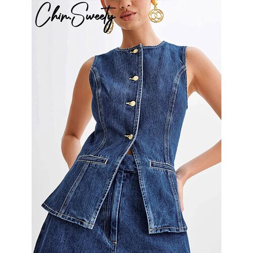 Casual Denim Shorts Sets for Women Sleeveless Single Breaste