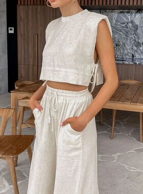 Spring Summer 2024 Women Holiday Linen Pant Set Crop ops Sol