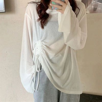 Women Ice Silk Sunscreen T Shirts Korean Shirring Lace Up Lo