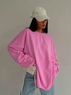 Pink Tee Shirts Sreetwear 2024 Round Neck Long Sleeve Casual