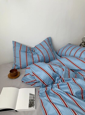 New 100% Cotton Blue Bedding Set Luxury Simple Striped Bed S