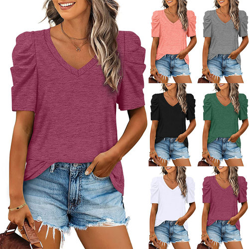 2024 Solid Color V-neck Short-sleeved T-shirt ops For Women
