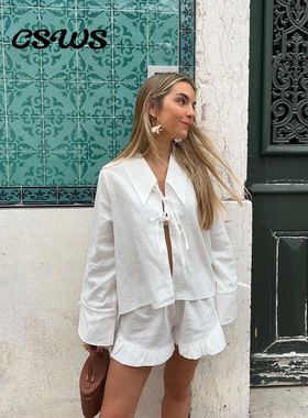 Ruffle Lace Up Shirt Shorts Sets Women White Long Sleeve Loo