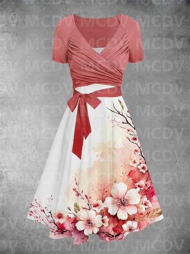 Women's Vintage Floral Art Two Piece Dress 3D Printed Pocket