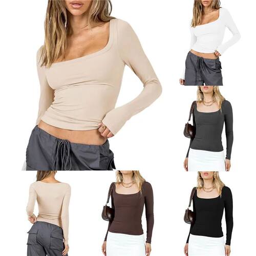 Women Long Sleeve Square Neck T-Shirt ops Solid Color Sreet