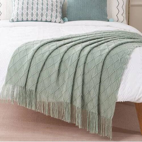 Saga Green Knitted Throw Blankets With Fringes Overzised Chu