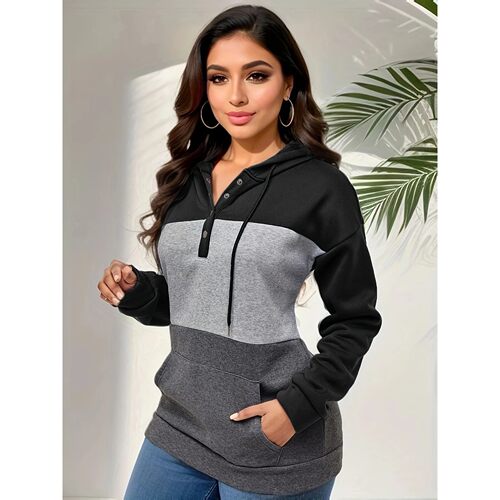 Hoodies For Women with Designs Patchwork Buttons Long Sleeve