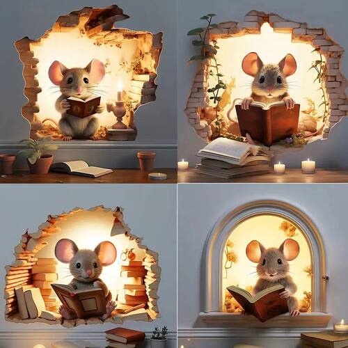 M736 Mouse Hole Wall Sticker, Mouse Book Lover's Vinyl Decal