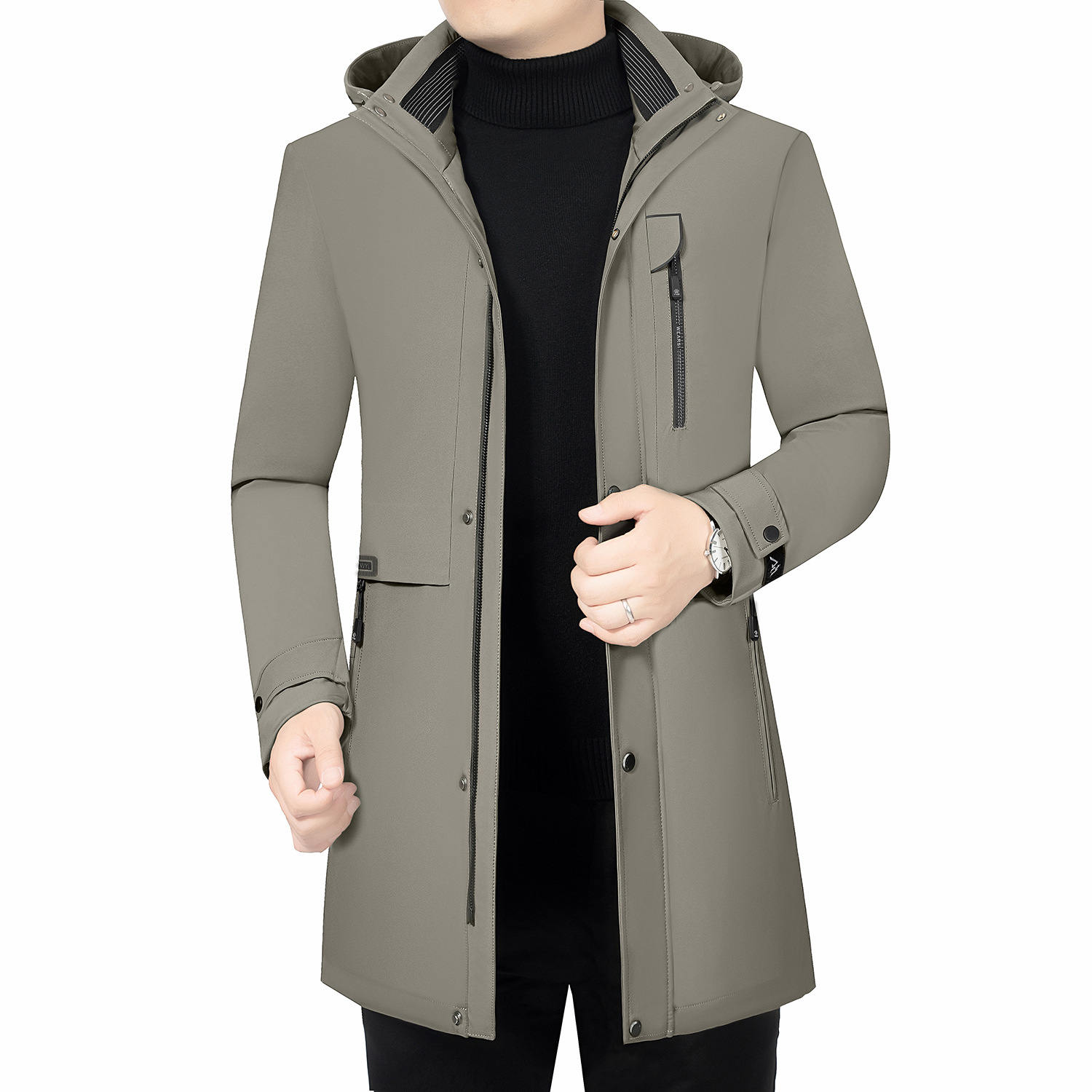 2024 Men's Goose Down Jacket Business Casual Hooded Mid-leng