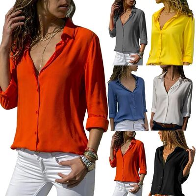 Office Lady Autumn Deep V Neck Turn Down Collar Chiffon Loos