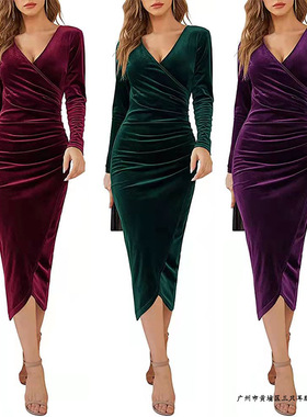 2025 V-neck Bag Hip Irregular Solid lor Sexy Retro Mid-lengt