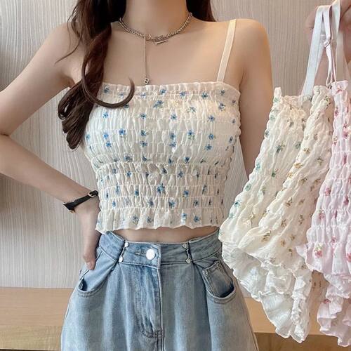 Floral Printed Camisole Woman Summer Sweet Spaghetti Strap T
