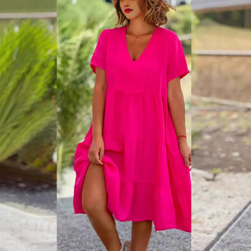 2025 Women's Fresh And Sweet V Neck Solid lor Large Swing Ca