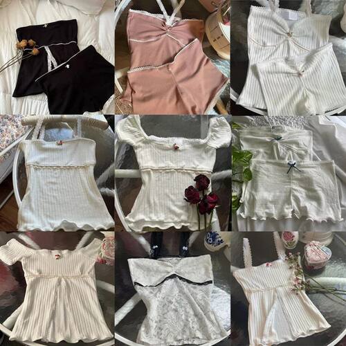 Chic Cute 2 Piece Set Y2K Fairy Coquette Lace Trim Crop ops