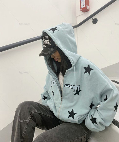Vintage Sweatshirt Ladies Casual Star Print Design Zip Hoodi