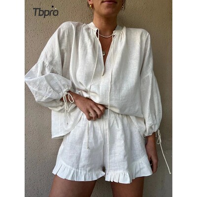 White Linen Ruffles Shorts Sets For Women Fashion Casual V N