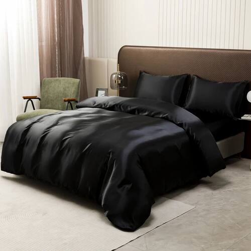 Black Luxury Ice Silk Bedding Set Satin Silky Duvet ver Set
