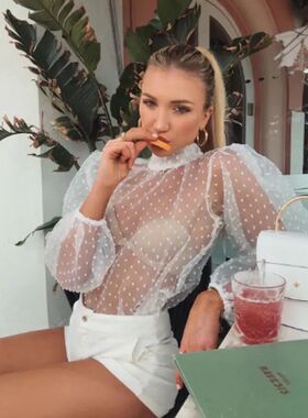Fashion rend Women Polka Dots Blouse Lady Girls Mesh Sheer S
