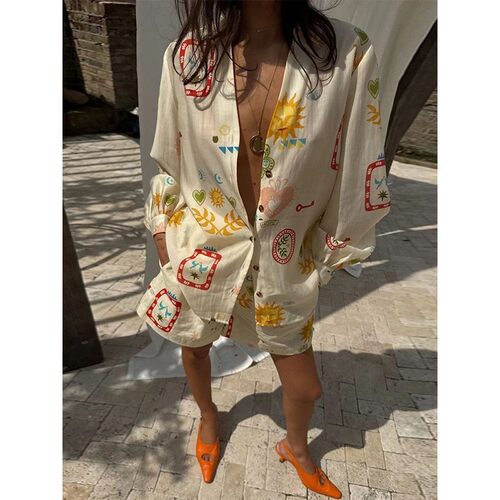 Holiday Print Elastic Waist Pocket Shorts Suit Women Causal