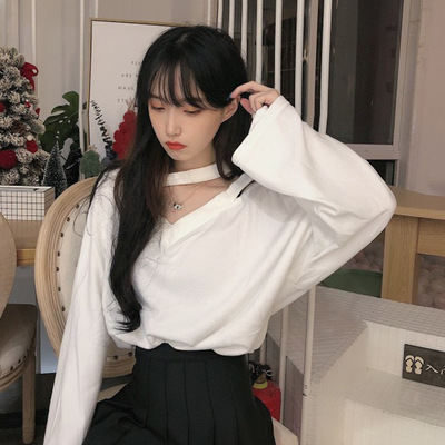 Women's White T-shirt Long-sleeved Collarbone Design 2024 Fe