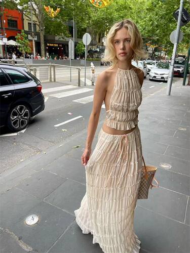 Elegant White Maxi Skirt Set Women Sexy Sleeveless Backless