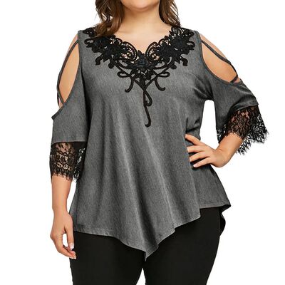 Plus Size 5XL Summer Womens ops and Blouses Tunic Lace Patch